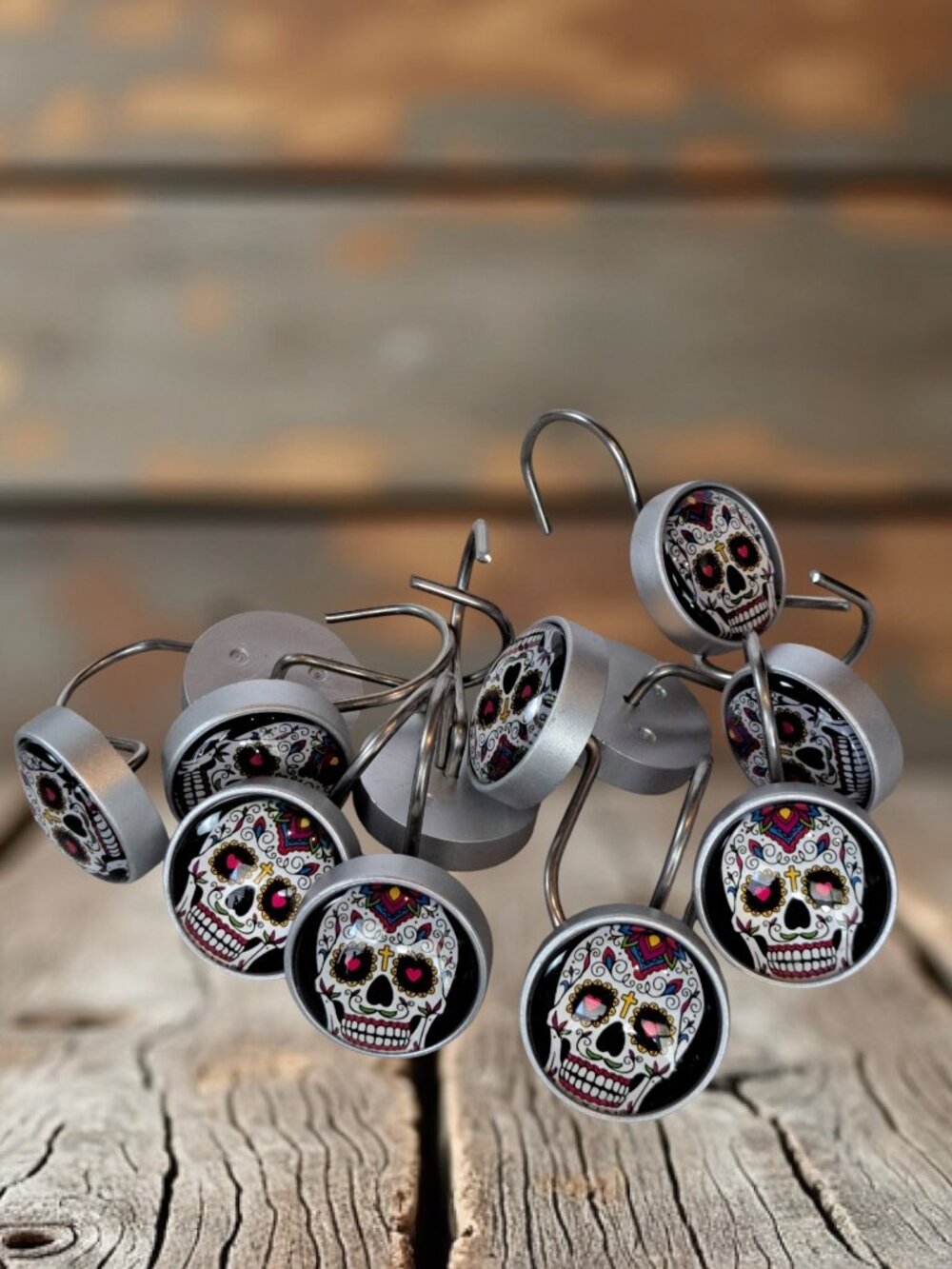 12 Pcs Sugar Skull Shower Curtain Hooks Halloween Black and White
